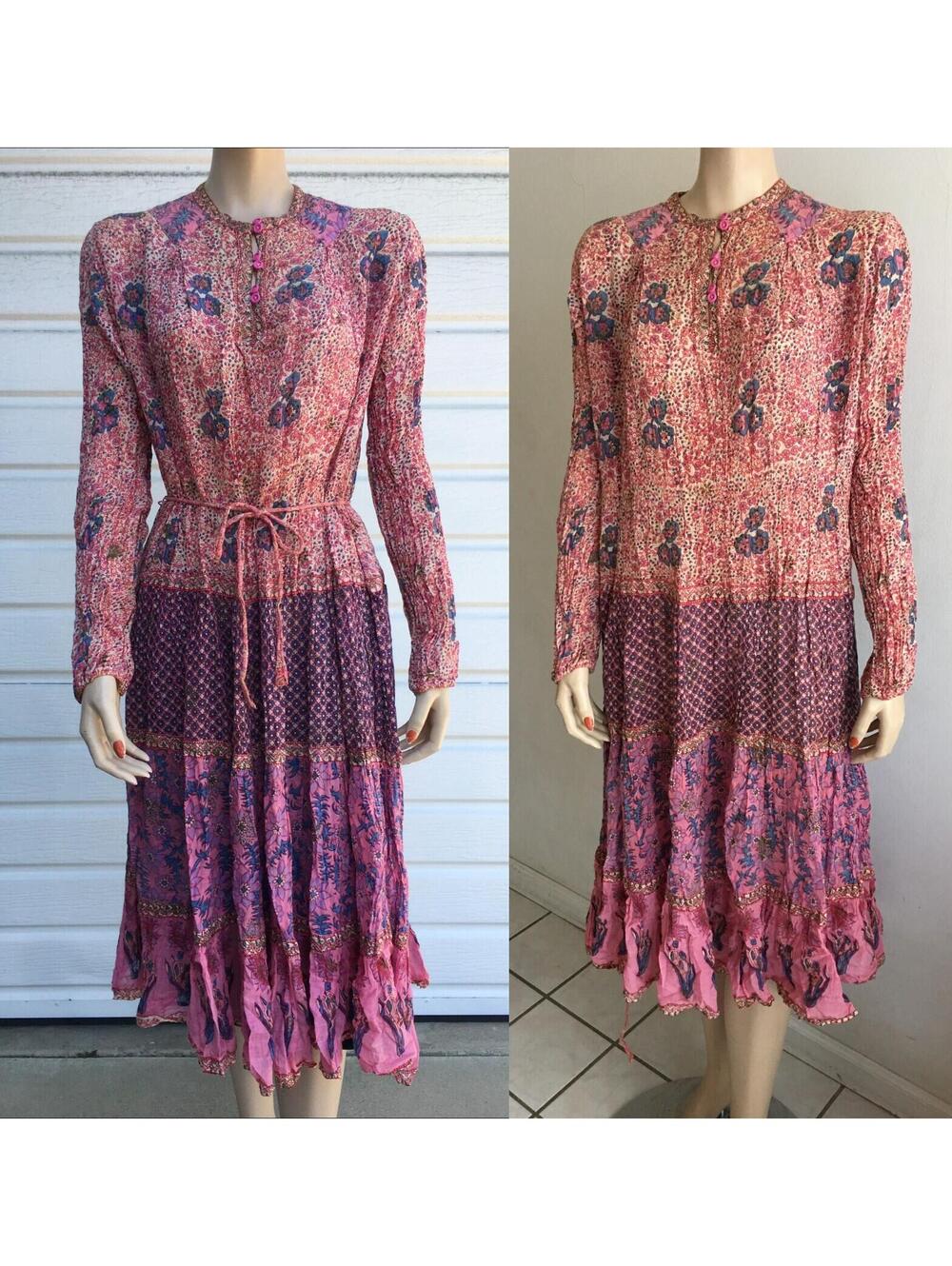 Vtg Taja 100% Cotton Gauze Floral Indian Block Print Dress sz M